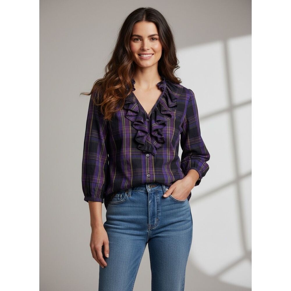 Ralph Lauren Plaid Ruffle Blouse Size Small 100% Cotton Purple